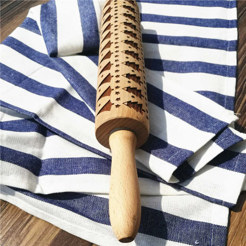 Rolling Pins Beech Christmas Rolling Pin Engraved Embossed Natural Christmas tree Kitchen Accessories Tool Oct25 211008