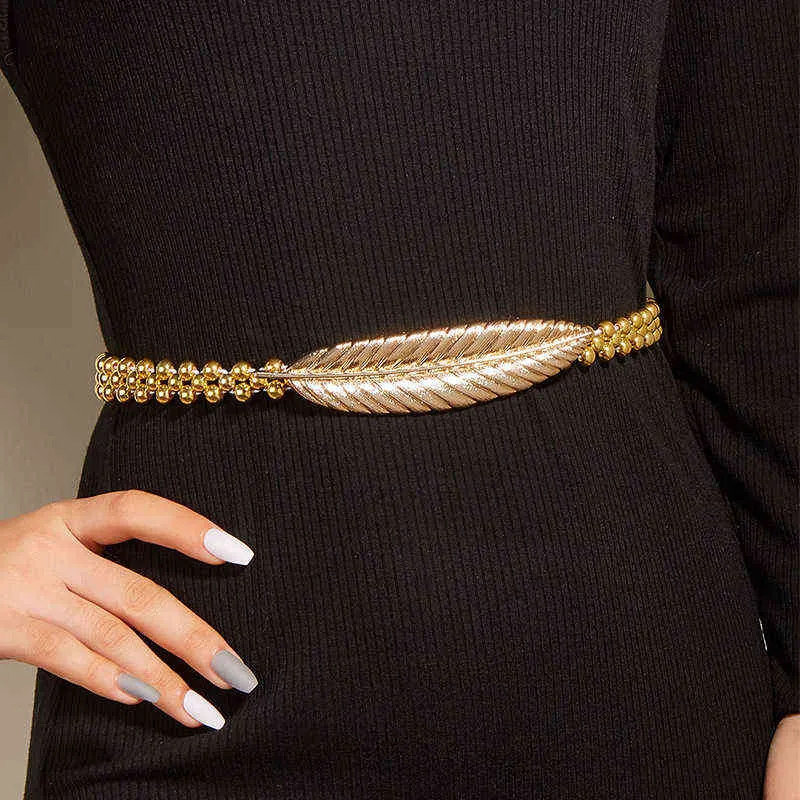 Ceintures pour femmes chaîne en or ceinture femmes élastique feuille en métal boucle taille ceinture dames robe sangle ceinture G220301
