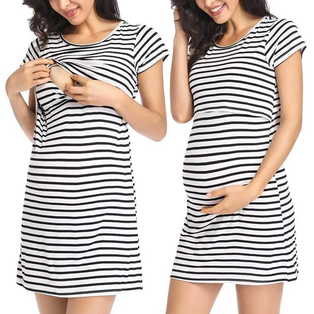 Schwangere Mutterschaft Pflege Stillen Frauen Sommer Kleid Mutterschaft Kurzarm Gestreiften Druck Pflege Kleid Robe Femme Q0713