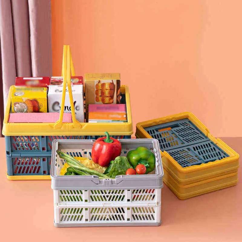 Grote plastic opvouwbare opslagmand keuken fruit speelgoed houder badkamer cosmetische container plank organizers thuis auto opvouwbare doos 220118