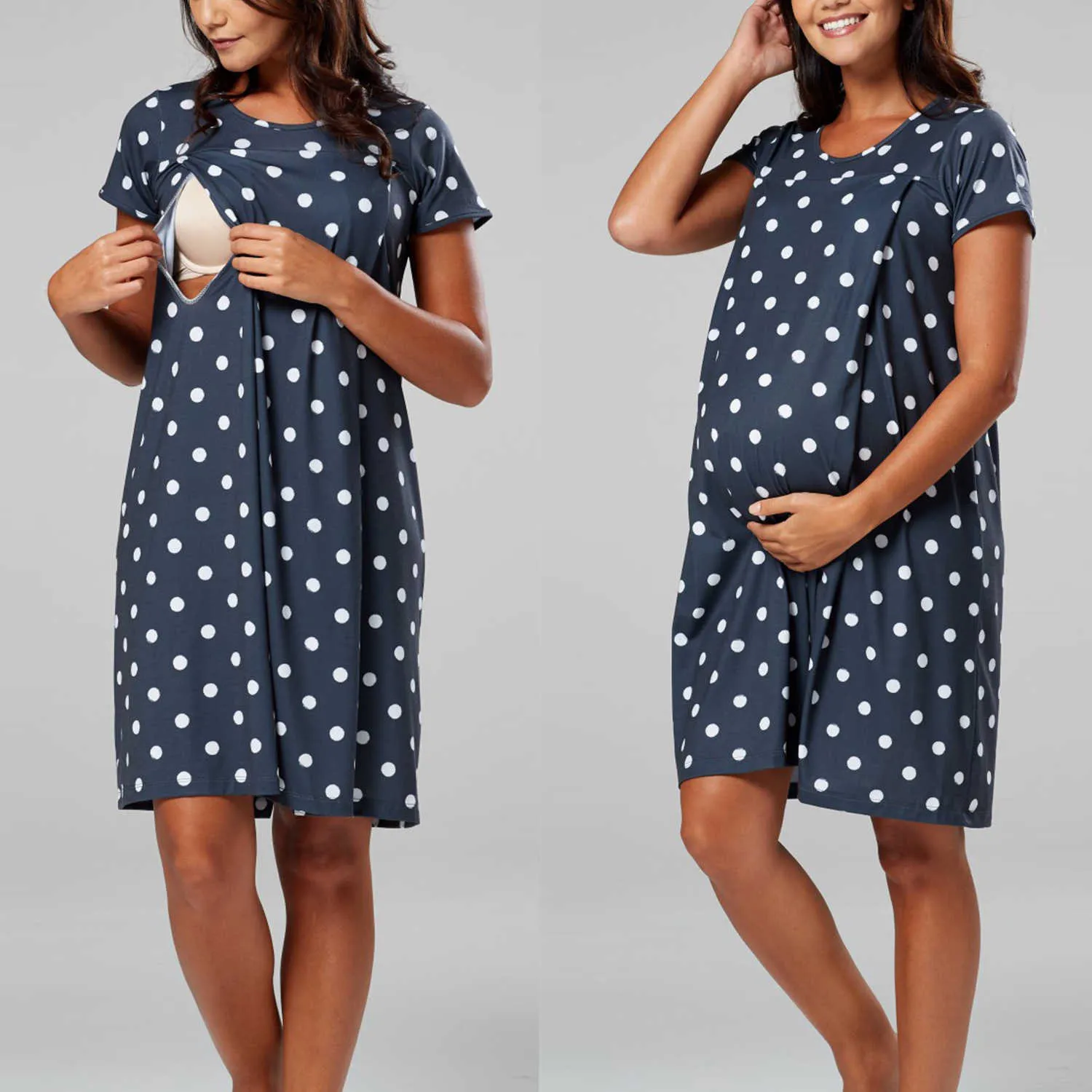 ポルカドットママドレスプリントマタニティドレス半袖妊婦母乳育児後のママ看護ユニークなデザインのための夏の服