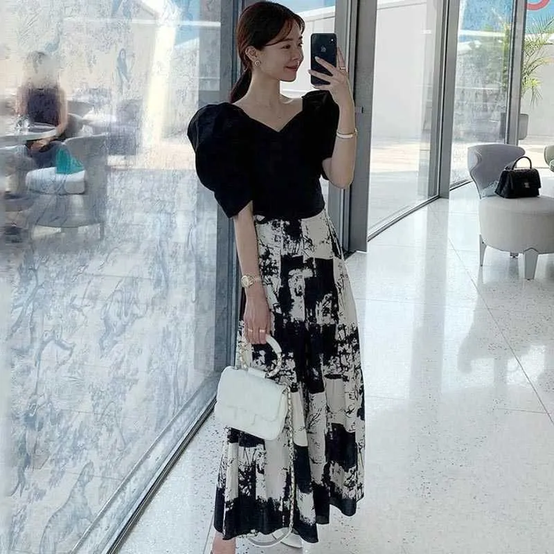 Korejpaa Kobiety Sukienki Zestawy Korea Chic Simple Temperament V Collar Latarnia koszula z rękawem i wysokiej talii tusz Dye Dye Skirt 210526