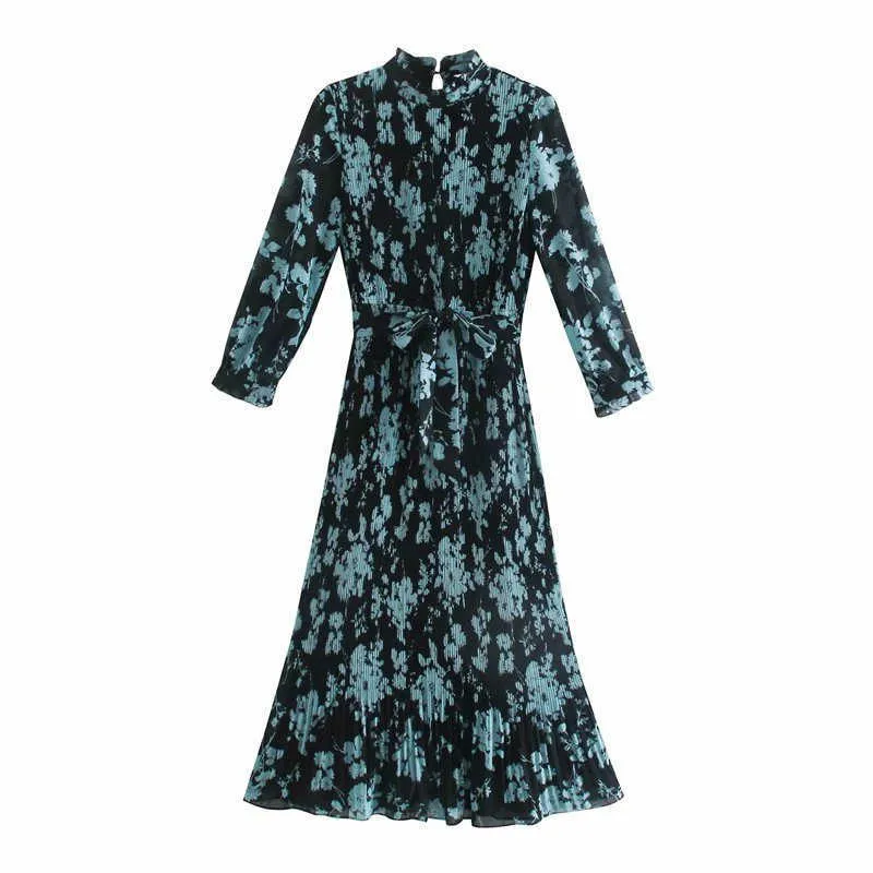 Za Long Dress Woman High Collar Long Sleeve Print Tied Belt Midi Dress Chic Back Opening Elegant Party Dress for Women 210602
