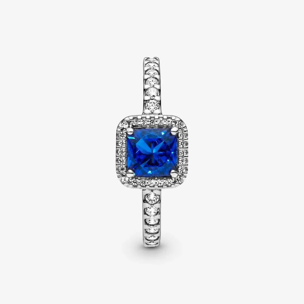 Bague Halo scintillante carrée bleue en argent Sterling 100% 925, nouvelle marque, anneaux de mariage pour femmes, bijoux à la mode 3081