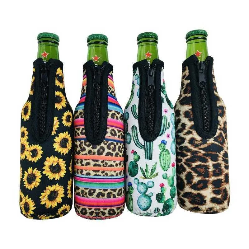 330ml 12 oz Universal Neoprene Beer Bottle Coolers Cover with Zipper, Bottle koozies, Softball, Sunflower Pattern