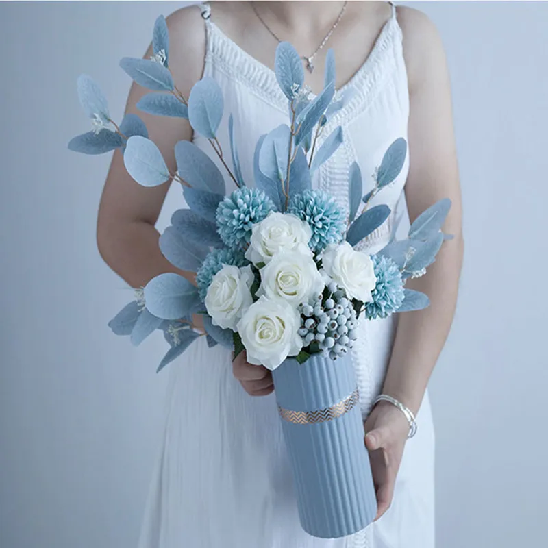 Nordic Snowflake Flower Elegant Simulation White Rose Wedding Bridal Bouquet Artificial Silk Flowers For Home Dining Table Decor225l