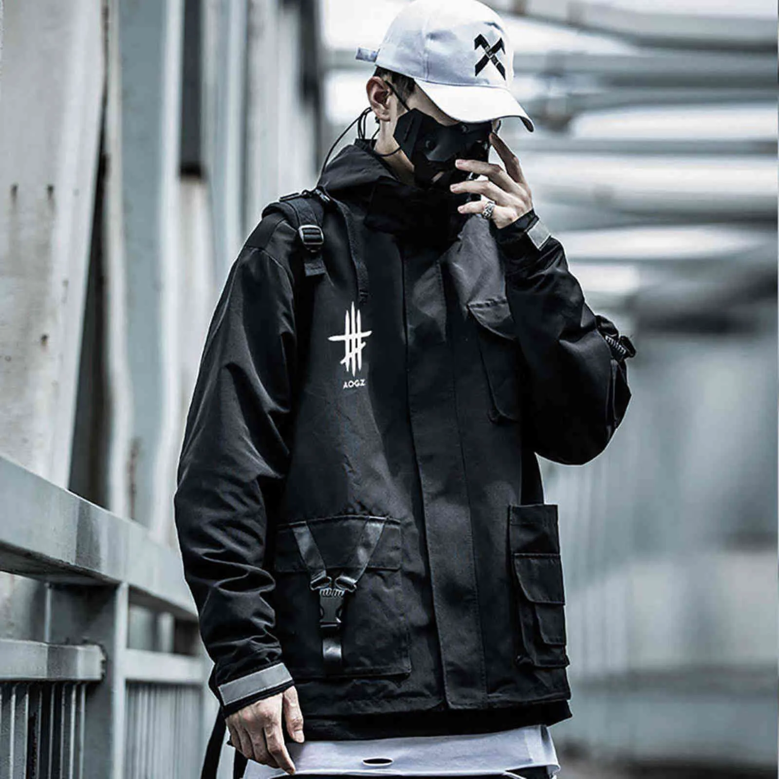 Frühling Streetwear Fashion Techwear Schwarz Trendy Kapuzen Herren Zip Up Jacke Mantel 211126