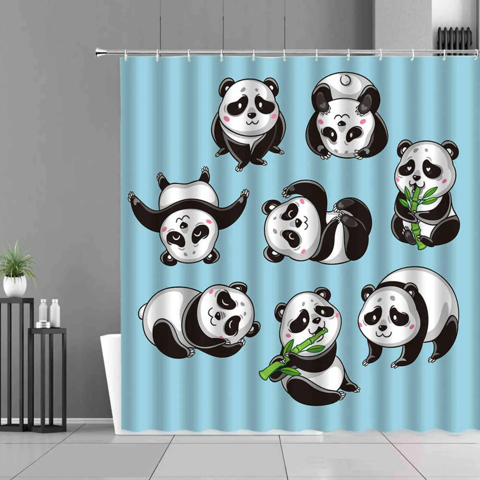 Cortina de chuveiro de panda dos desenhos animados Cute animais pandas plantas de bambu verde impressão cortinas de banho cortinas de crianças decoração banheiro impermeável 211116