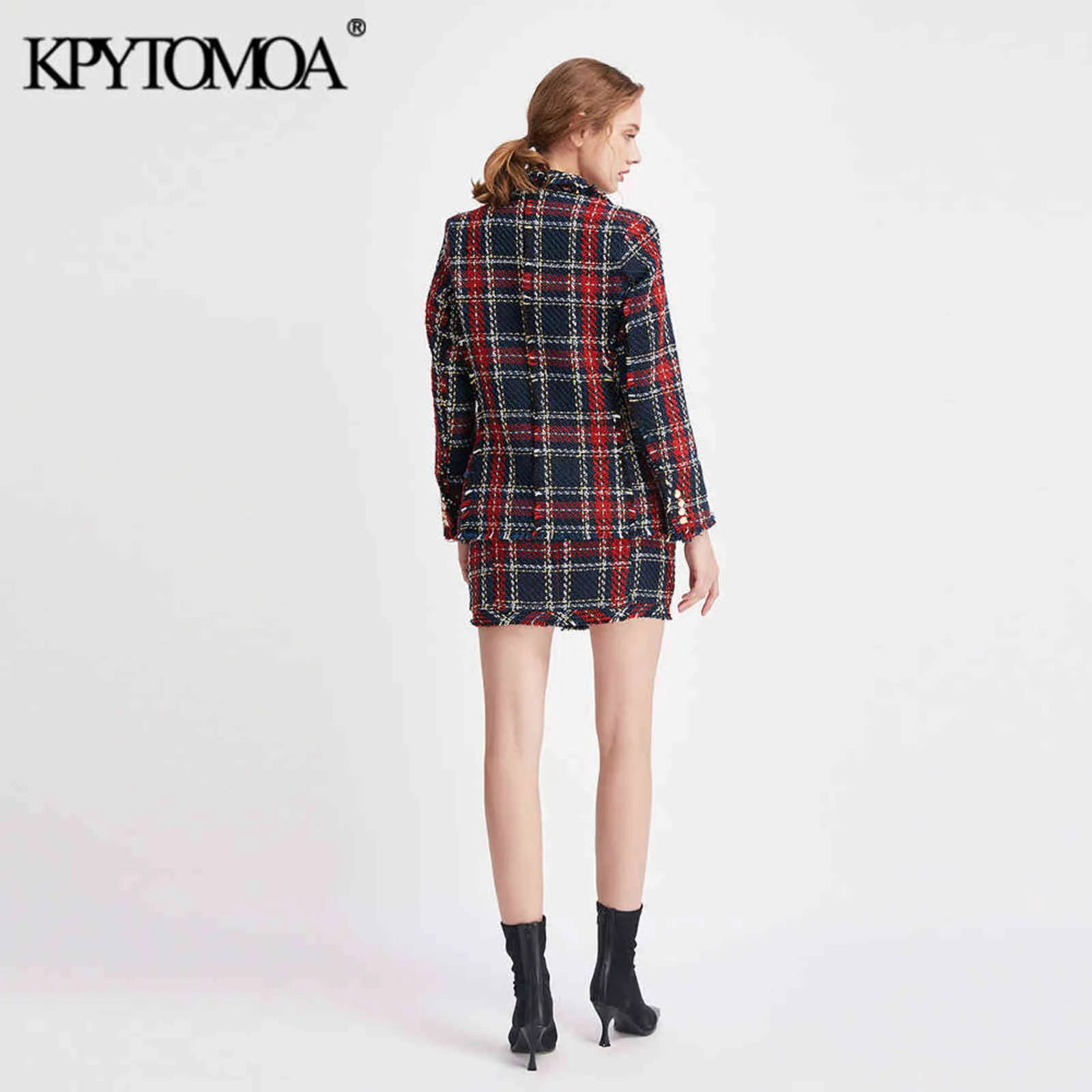 KPYTOMOA Frauen Mode Zweireiher Ausgefranste Check Tweed Blazer Mantel Vintage Lange Hülse Weibliche Oberbekleidung Chic Tops 211122