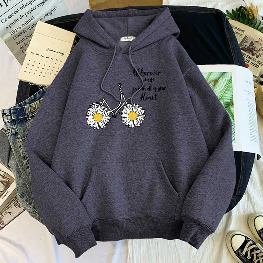 Daisy Bike Wherever You Go With All Your Heart Hoodie Autumn Clothing For Male Casual Loose Tracksuit Oversize Sweatshirt Men Y0804