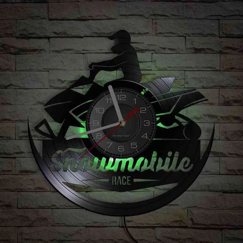 ビニールLPレコードの手作りのスノーモービルレース壁掛け時計ビニールディスク工芸品時計スノーマシンブララッキライドライダーの装飾ギフトH1230