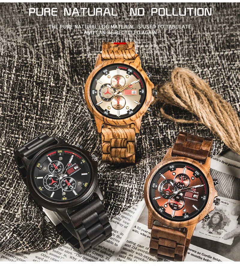 Men's Wood Watches Luxury Luminous Multi-function Wooden Watch Men Quartz Watch Fashion Sport Timepieces Relogio