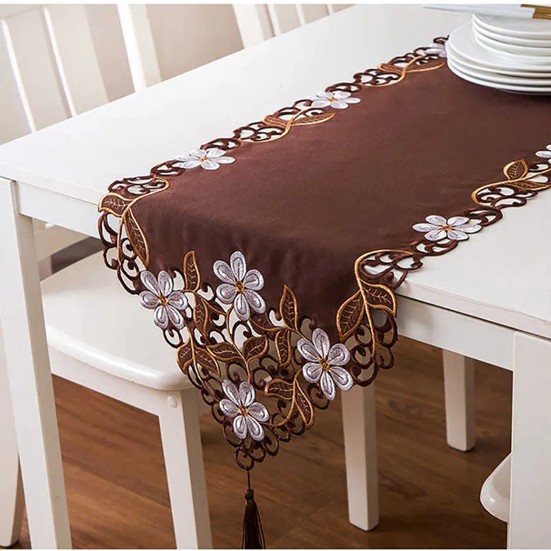 40 * 175cm brun pastoral broderad vit blommig tofs bordduk löpare hemfest bröllopsmiddag dekor tyg 210708