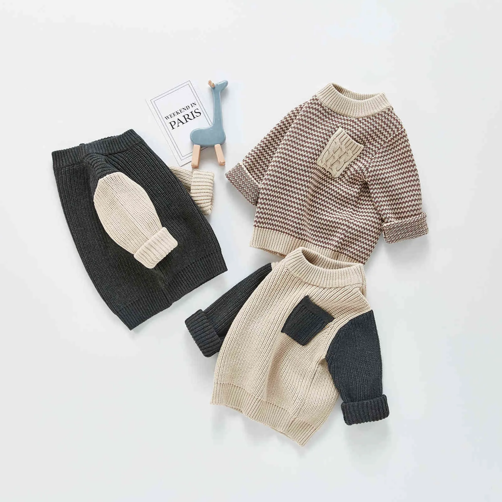 Dzieci Bawełniany sweter Niemowlę Books Pullover Topy Baby Girls Długim Rękaw Dzianiny Ubrania Kolorblock Pocket Boy 211201