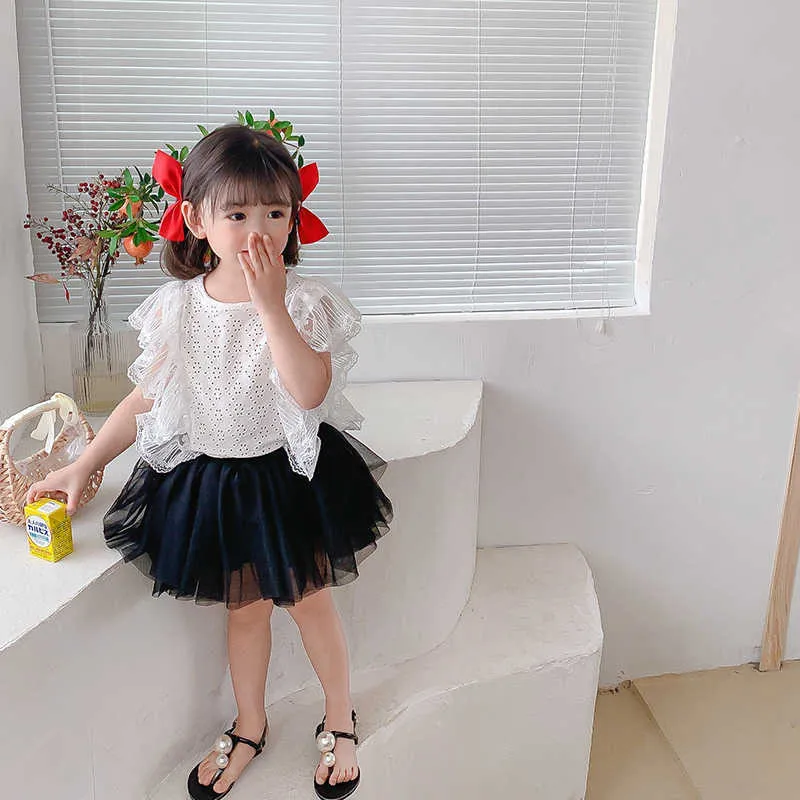 韓国風の夏の赤ちゃん女の子パッチワークレースの薄いノースリーブTシャツかわいい子供カジュアルトップス服210615