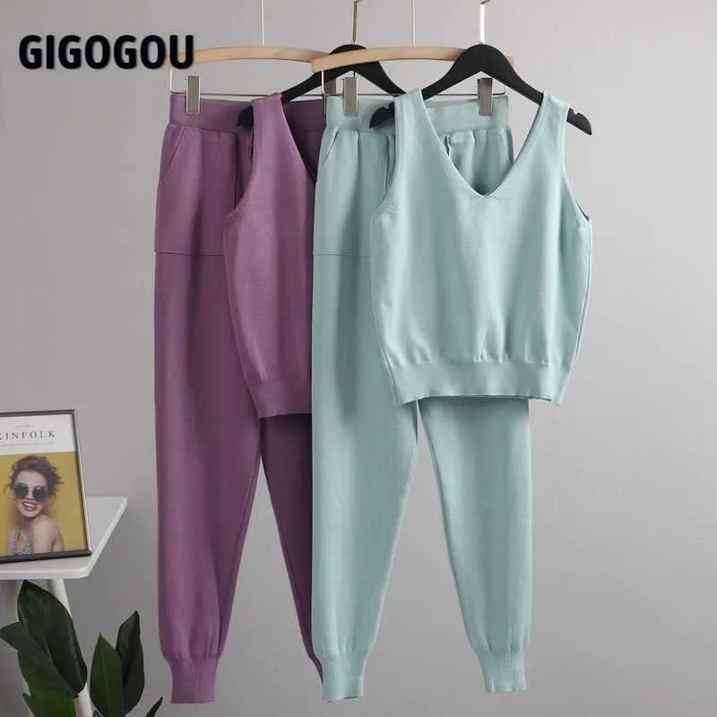 Gigogou Women Dress CHIC Set Costume Dzianiny Solid Lounge Suitt Cardigan Sweter + Jogger Spodnie + Tank Bez rękawów Top 210714