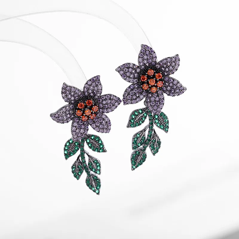 Micro Pave Cubic Zirconia Leaves Flower For Ladies Shinning Crystal Wedding Jewelry Brand Luxury Bridal Banque Earrings