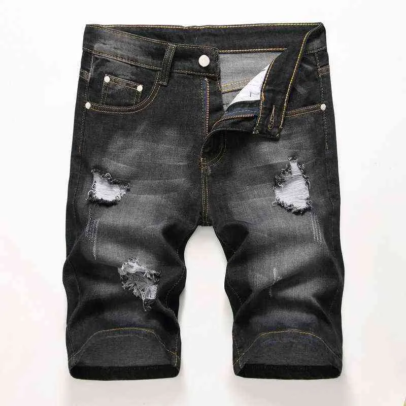 Short en jean pour hommes déchiré 2021 culotte d'été chaude trou en détresse Bermudes mâle Stretch longueur au genou Vintage court jean Shorts hommes H1210