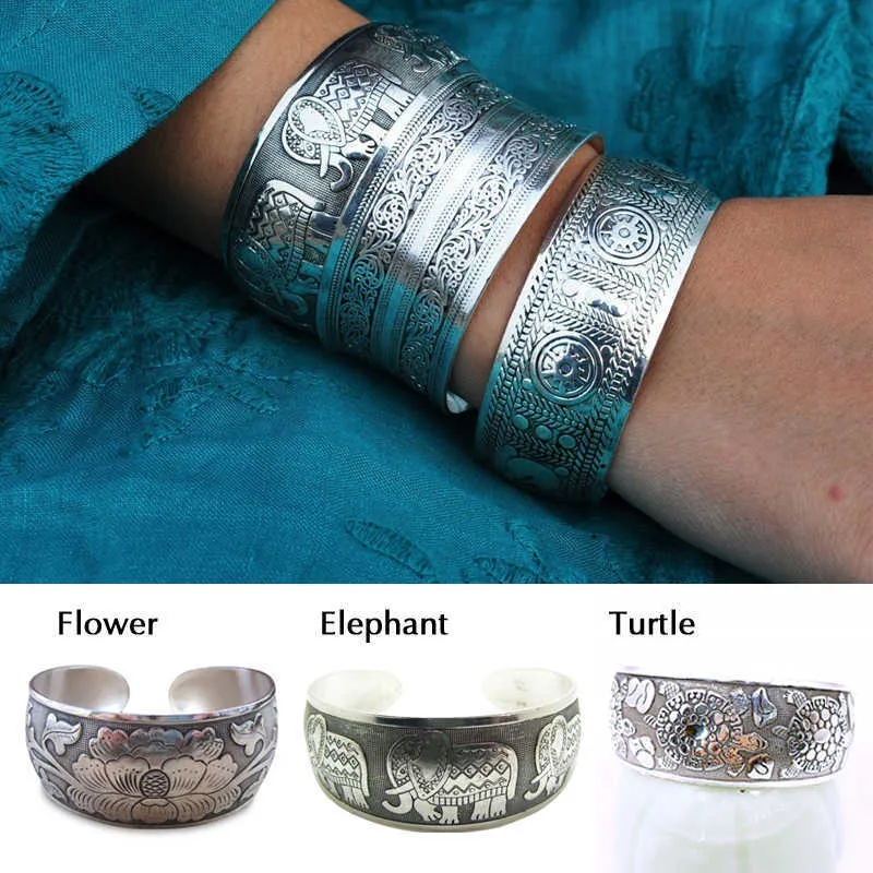 Bracelet tibétain argenté vintage chinois sculpté large bracelet éléphant tortue fleur charme vintage pour femmes bijoux ethniques Q0719