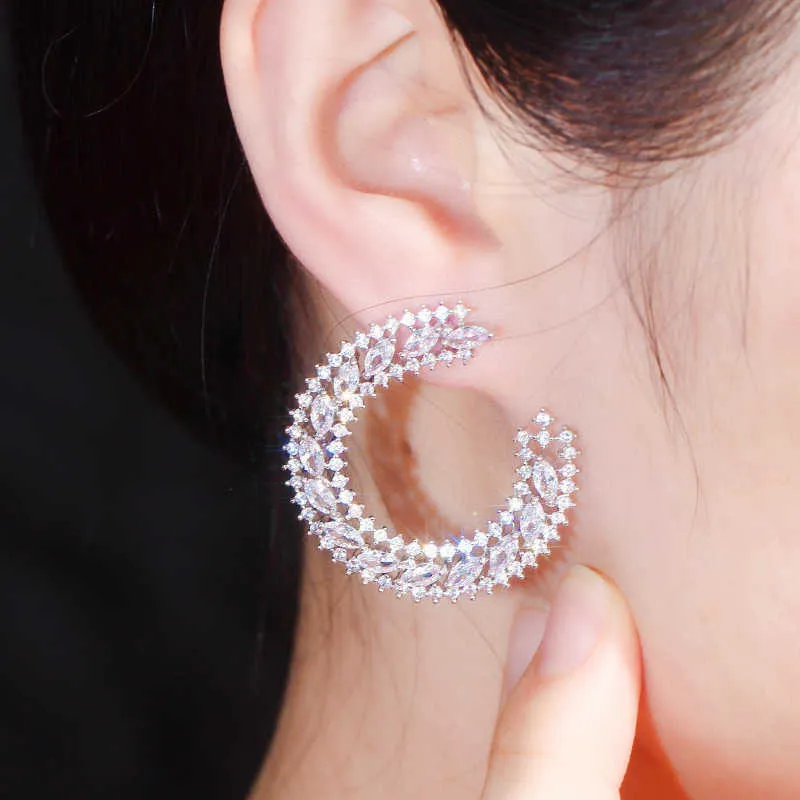 Sparkling White Cubic Zircon Cute Half Round Silver Big Stud Earrings for Women Korean Fashion Brand Jewelry CZ736 210714