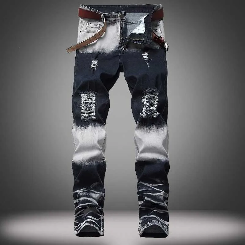 2020 Hombre Nedensel Artı Boyutu 42 Pantalon Jeans Sokak Moda Boya Sıska Yırtık Kot Homme X0621