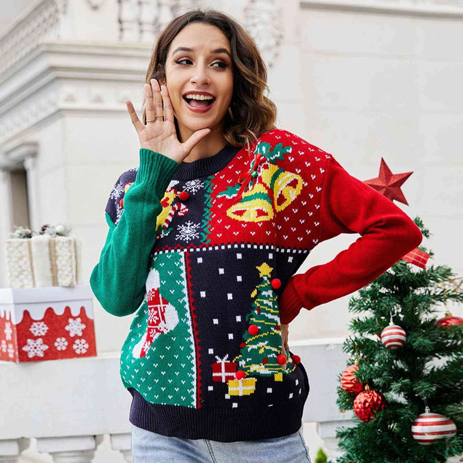 冬の女性の醜いクリスマスのセーターリトルスノーフレークニットドレスとクリスマスツリーのセーター胸の上に鐘が付いていますy1118