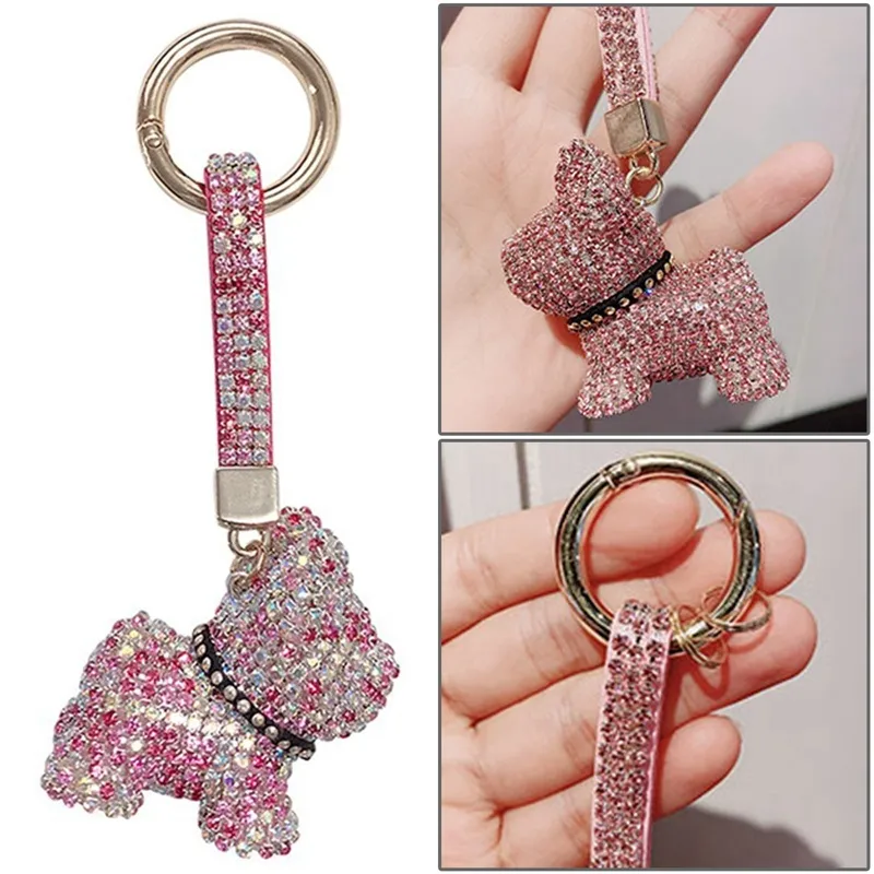 Luxe Crystal Franse Bulldog Sleutelhanger Lanyard Rhinestone Lederen Band Hond Sleutelhangers Dames Tas Charms Mannen Auto Sleutelring Sieraden