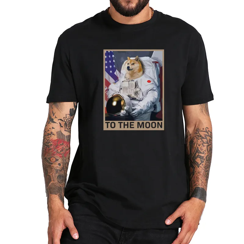 Moda Dogecoin Astronauta do księżyca Mężczyźni T-shirt Blockchain Funny Graphic Tee Sumnner Oddychający 100% Bawełna