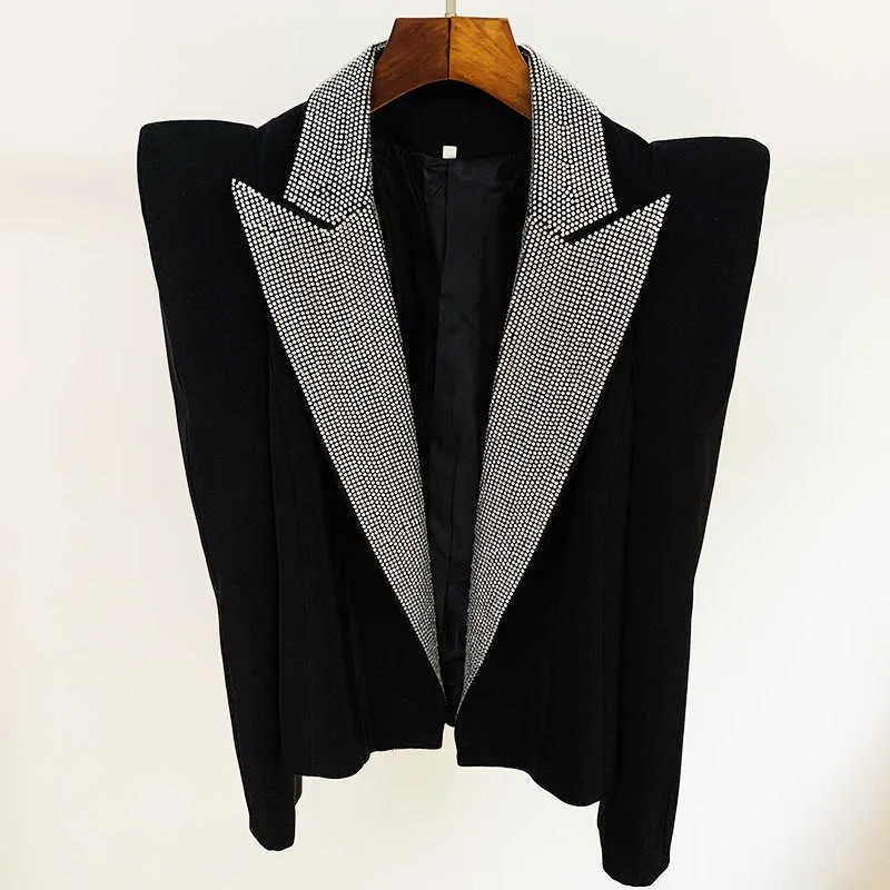 Shrug Diamonds Collar Blazer Donna Nero Autunno Giacca da donna Moda Spalla Blazer Suit Dropship di alta qualità 211019