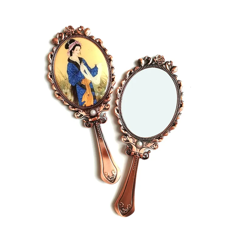 Hand-held Makeup Mirrors Romantic Vintage Hand Hold Mirror Oval Cosmetic Hands Held Tool With Handle For Women T2I53061