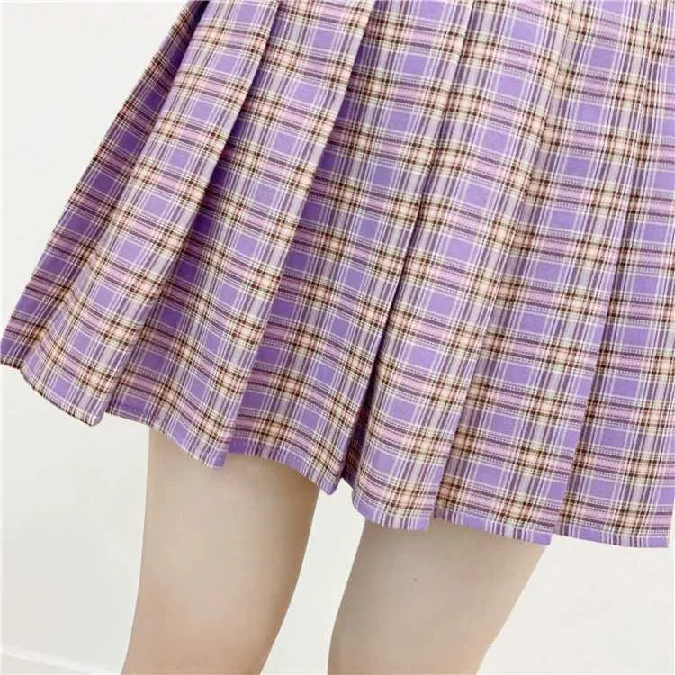 Harajuku Pastel Purple Plaid Skirt Knif Pleat High Waist Mini Tennisskirt For Women School-Girl Outfits / 210708