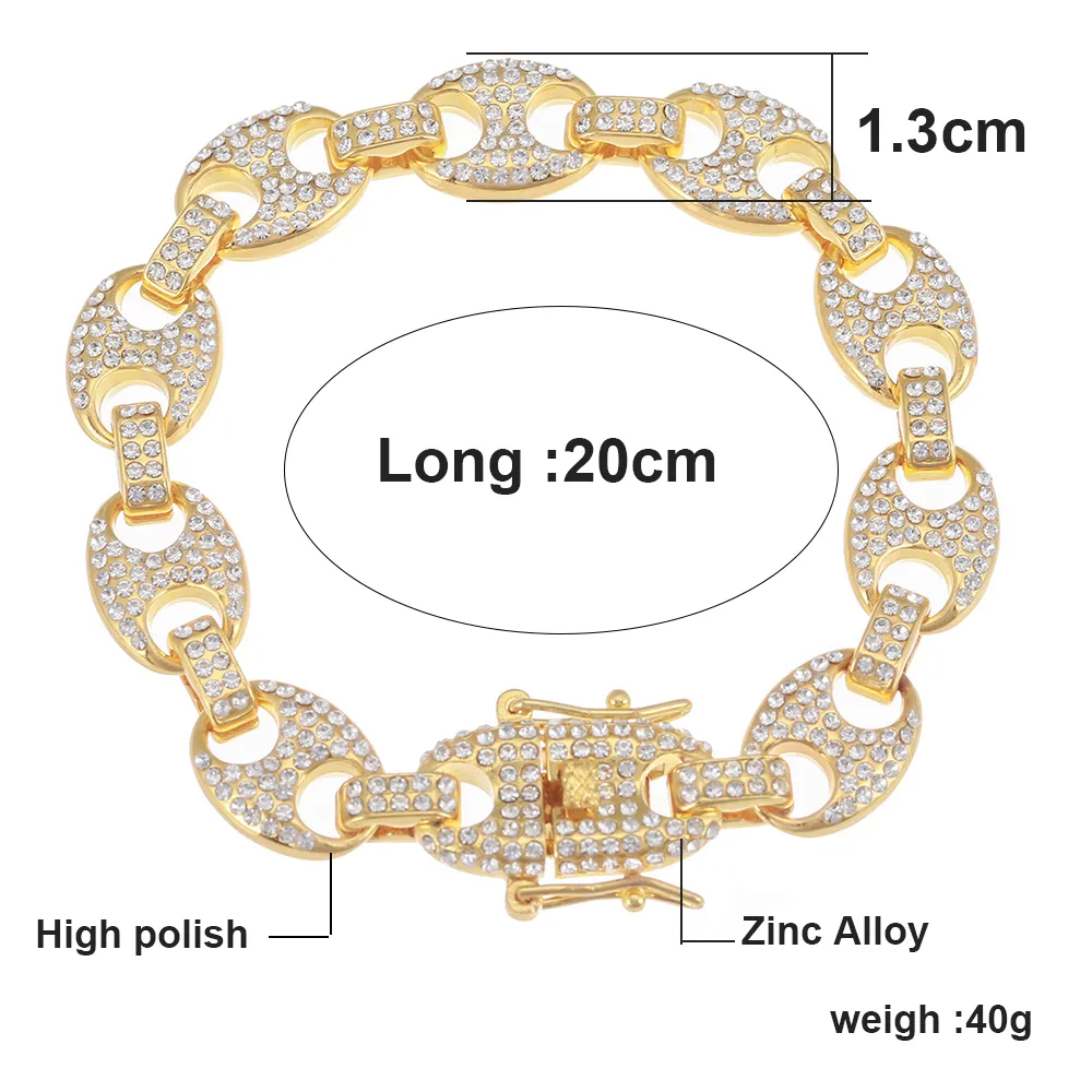 13 mm 20 cm Złote Złote Ziarna kawy Łańcuch Braceletów Nowa moda Mrożona w sznonestonowanych łańcuchach nadgarstka dla mężczyzn