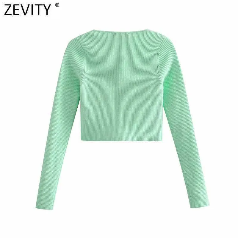 Zevity Women Vintage Square Collar Slim Short Green Knitting Sweater Kvinna Chic Sommar Tunna Cardigans Beskurna Toppar S718 210603