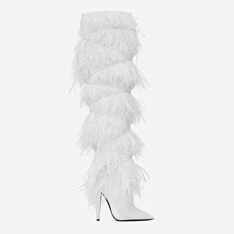 MStacchi Winter Novelty Women Boots Suede Crosstied Pointed Toe Party High Heel Shoes Sexy Ostrich Feather Over The Knee Boots 2217187189