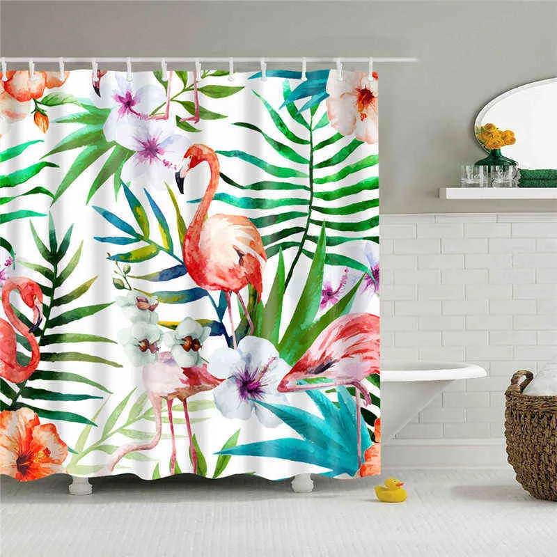 Flamingo Shower Curtains Tropical Plant Leaves Flower Funny Animals Bird Pattern Print European Style Bathroom Hanging Decor Set 211116