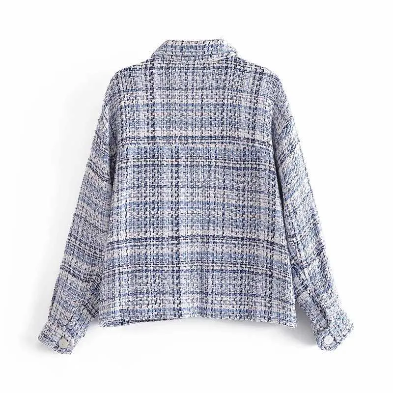ZA Women Fashion Overshirts Checked Jacket Tweed Coat Vintage Female Outerwear Chic Tops And High Waisted Shorts 210602