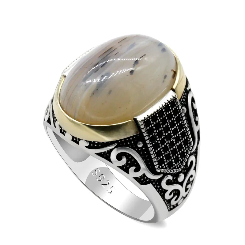 Genuine Pure 925 Sterling Silver With Agate Stone Antique Wedding For Men Turkish Punk Rock Jewelry Gift Women Rings