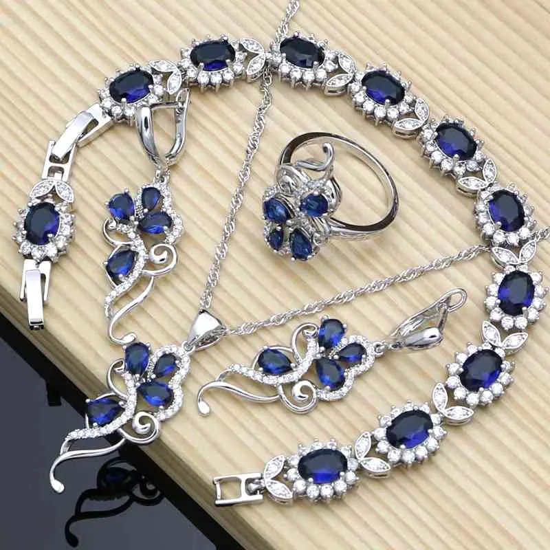 Sier 925 Brid Jewelry Set Blue Zircon White Suit for Women Ston Leave Twig Orecchini Anello Bracciale Set catena