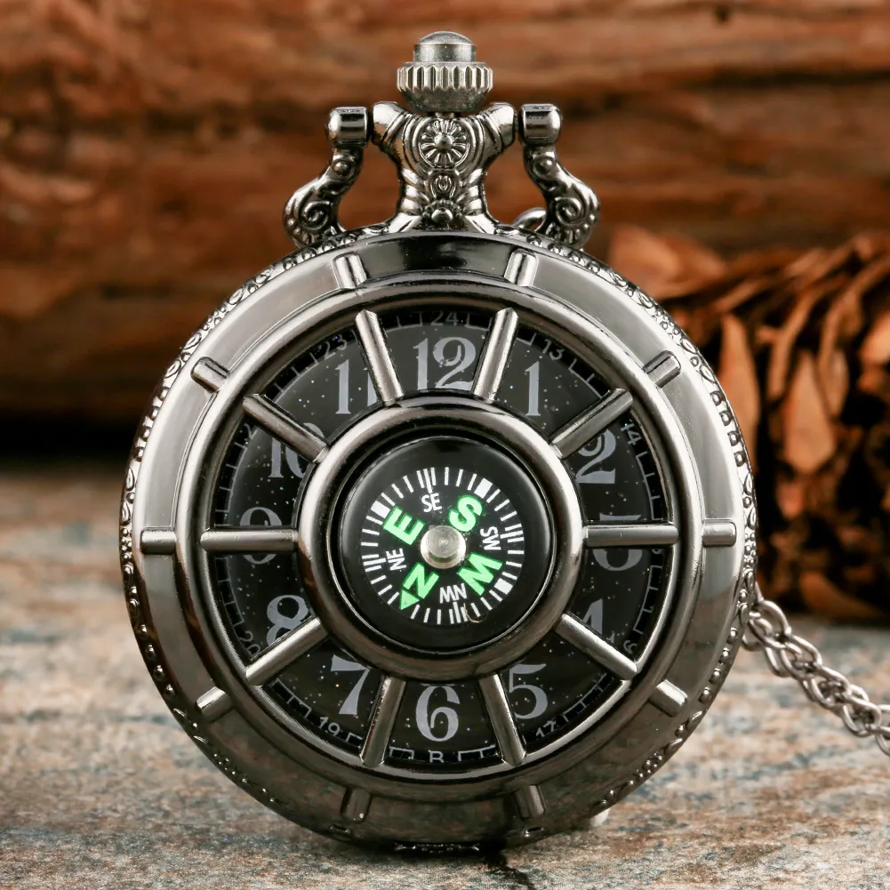 أزياء سوداء الفضة الكوارتز ساعة الجيب مع البوصلة Starry Sky Clock Steampunk FOB NETLACE HAUNGS HAUNGS HAUNGS HISE GIFT USISEX278S