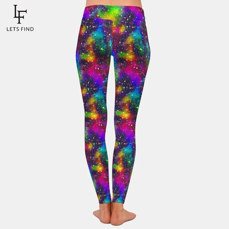 Letsfind Workout Leggings Högkvalitativa kvinnor Fashion Färgglada universum Tryck Hög midja mjuka smala leggings plus storlek 201014