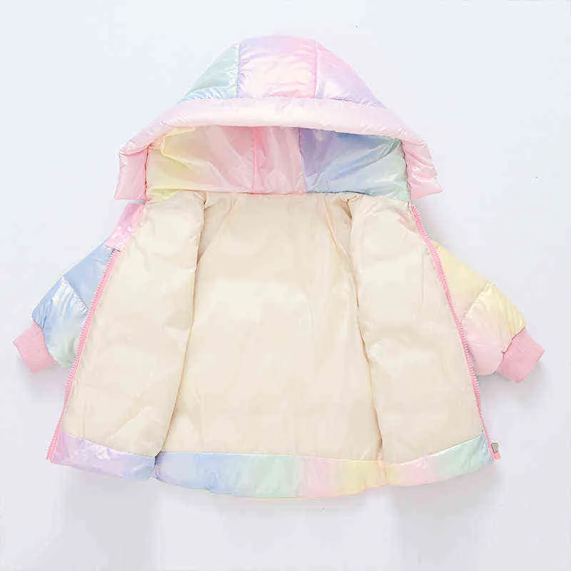 Flickor Rainbow Colorful Down Jacket Vinterflickor Baby Tjockad Plysch Vattentät Hooded Bomull 211222