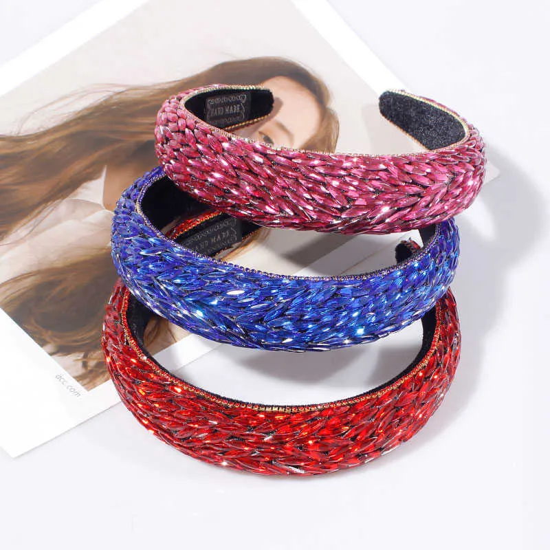 Bleu Rosy Blanc Rouge Mode Plein Strass Bandeaux Pour Femmes Sparkly Éponge Hairband Baroque Bande Rembourrée Accessoires De Cheveux X0722