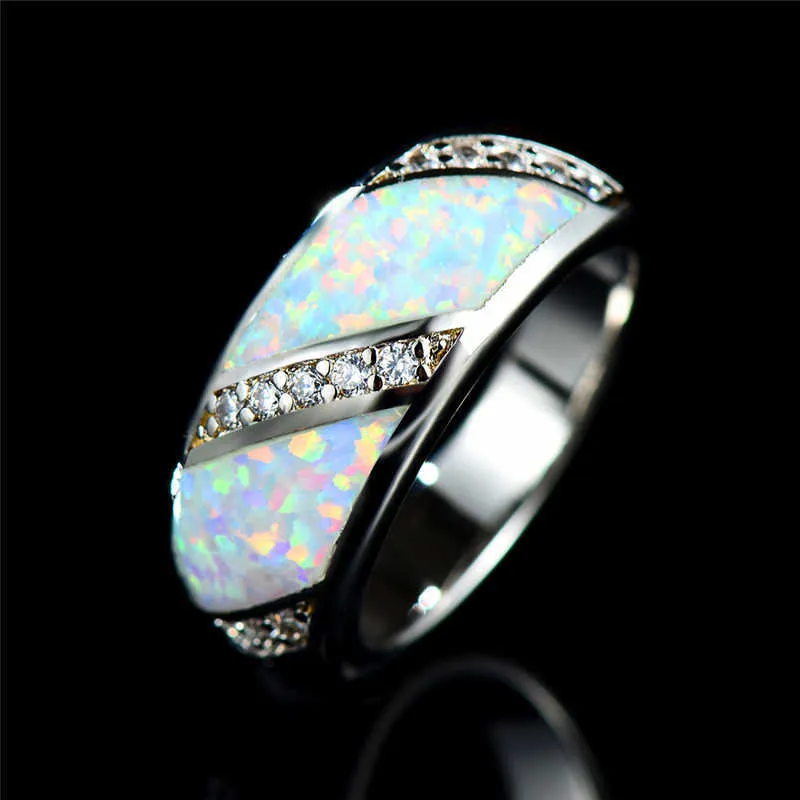 Geometric Promise Love Engagement Ring Charm Female Blue White Fire Opal Stone Ring Vintage Silver Color Wedding Rings For Women X0715