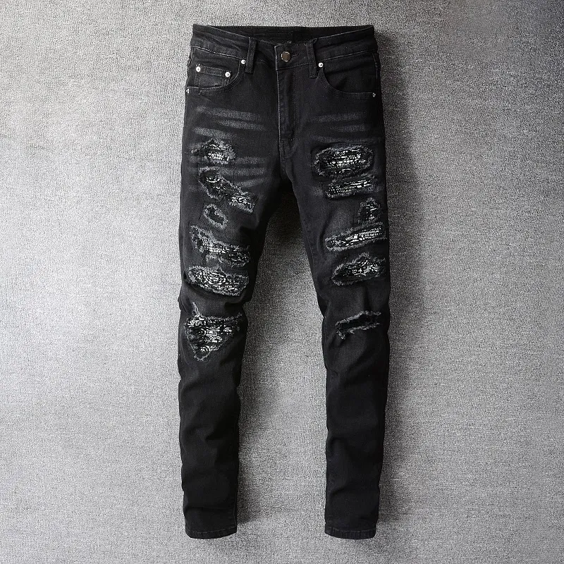 Designer Long Slim Black gescheurde jeans hoogwaardige gat uit broek streetwear broek voor mannen