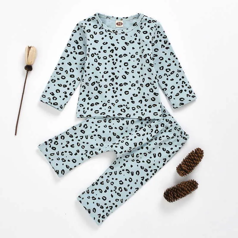 Bahar Bebek Pijama Setleri Leopar Uzun Kollu Kız Erkek Ev Takım Elbise Uyku Yeminli Çocuk Giysileri E20537 210610