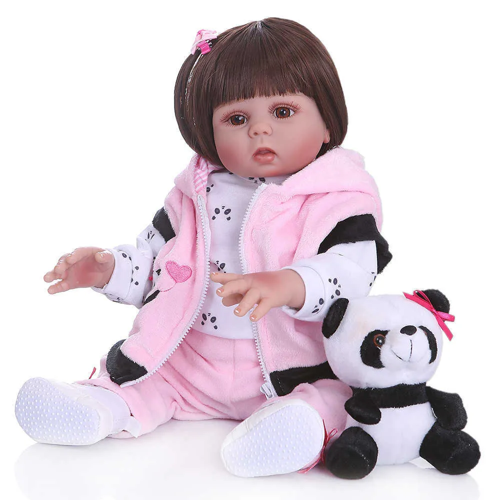 NPK 48CM bebe doll reborn toddler girl in panda dress full body soft silicone realistic baby bath toy Anatomically Correct Q0910