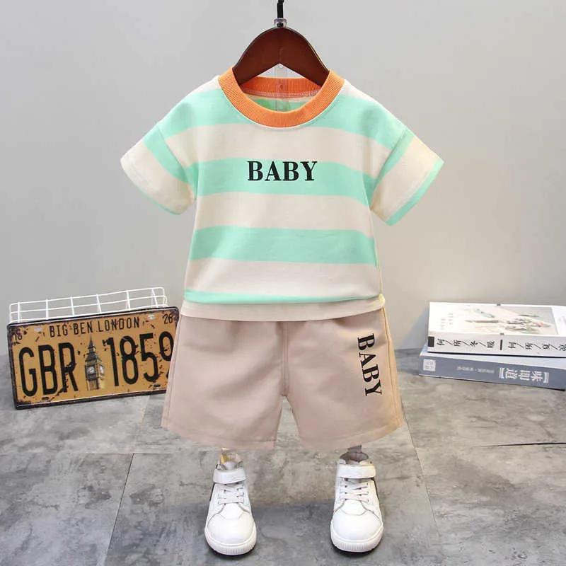 Sommar Baby Boys Tjejer Kläder Bomull Barn Tecknad Remsor T Shirts / Sats Outfit Kids Fashion Toddler Tracksuits x0902