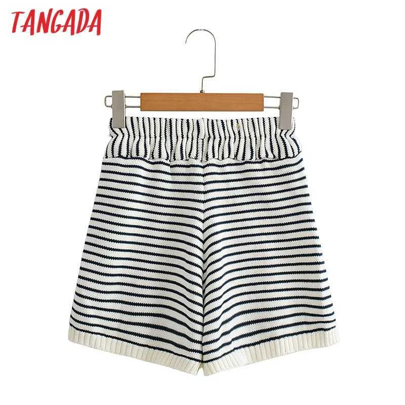 Tangada Kvinnor Elegant Striped Stick Shorts Strethy Midja Kvinna Retro Basic Casual Pantalones AI42 210719