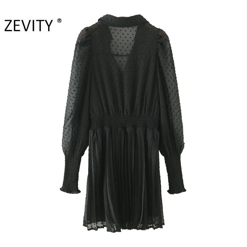 Zevity Women Fashion V Dots Szygowanie Czarna szyfonowa sukienka Femme Długie rękawowe Chico szykowne sukienki DS4487 210303