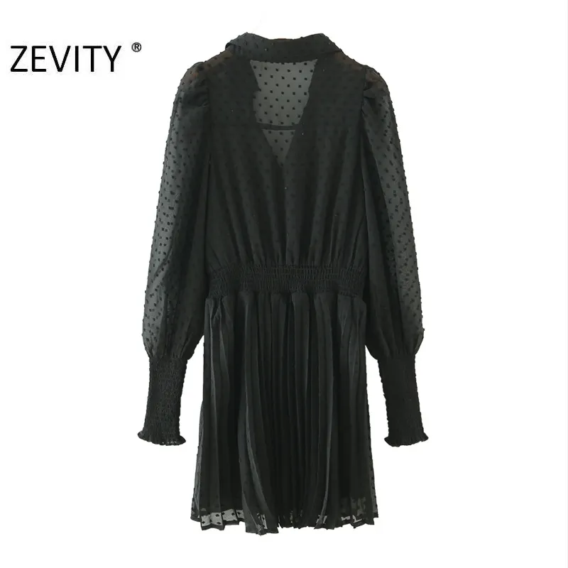 Zevity Women Fashion V Neck Dots Stitching Black Chiffon Pleated Dress Femme Long Sleeve Vestido Chic Casuare Slim Dresses DS4487 210303